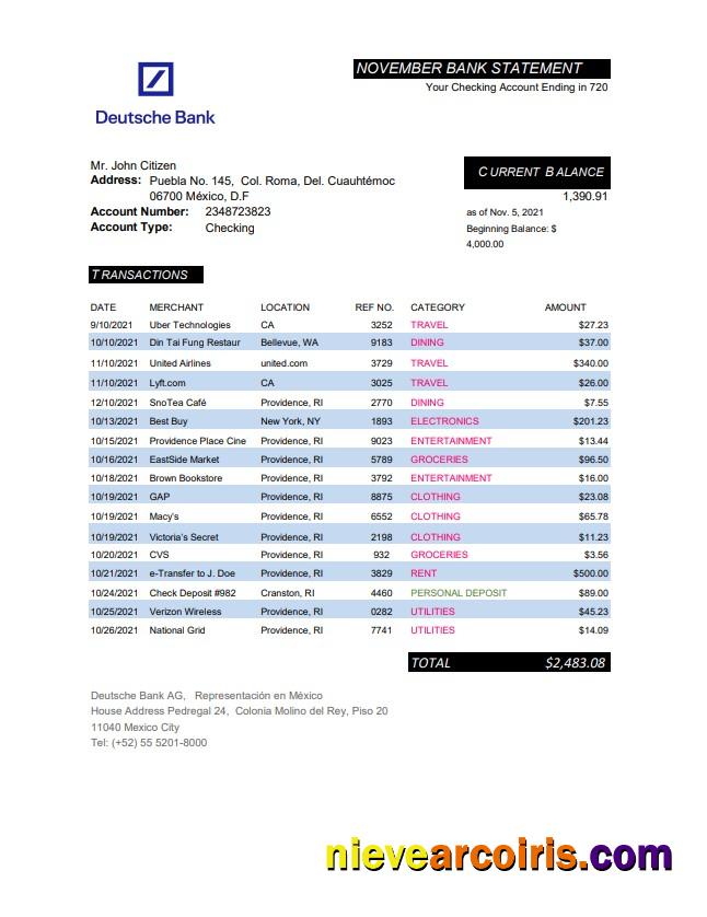 Mexico Deutsche bank statement easy to fill in Excel and PDF format